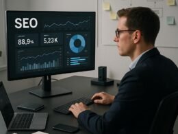 Modernes Arbeitszimmer mit großem Bildschirm, Person in Business-Kleidung, Whiteboards mit SEO-Strategien, Notizblöcken und technischen Geräten