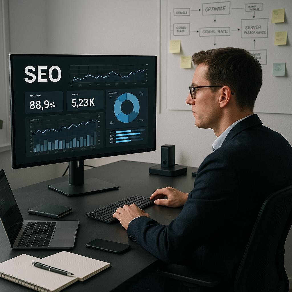 Modernes Arbeitszimmer mit großem Bildschirm, Person in Business-Kleidung, Whiteboards mit SEO-Strategien, Notizblöcken und technischen Geräten