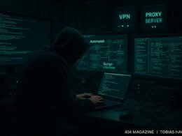 Dunkler Raum mit Computern, Monitoren, Proxy-Servern und einer Person in dunkler Kleidung, die an einem Laptop arbeitet, umgeben von Kabeln und technischen Geräten. Hoch technologische Atmosphäre, inspiriert von Hackern, mit VPN- und Proxy-Boxen im Hintergrund.