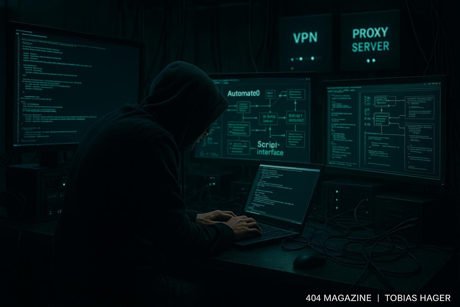 Dunkler Raum mit Computern, Monitoren, Proxy-Servern und einer Person in dunkler Kleidung, die an einem Laptop arbeitet, umgeben von Kabeln und technischen Geräten. Hoch technologische Atmosphäre, inspiriert von Hackern, mit VPN- und Proxy-Boxen im Hintergrund.