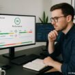 Moderner digitaler Arbeitsplatz mit Monitoren, die Lighthouse-Performance-Daten mit farbigen Grafiken und Metriken anzeigen, um die Überwachung der SEO-Leistung zu verdeutlichen.