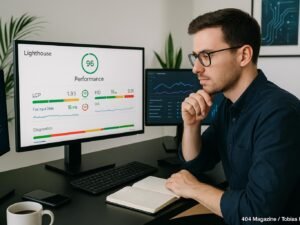 Moderner digitaler Arbeitsplatz mit Monitoren, die Lighthouse-Performance-Daten mit farbigen Grafiken und Metriken anzeigen, um die Überwachung der SEO-Leistung zu verdeutlichen.