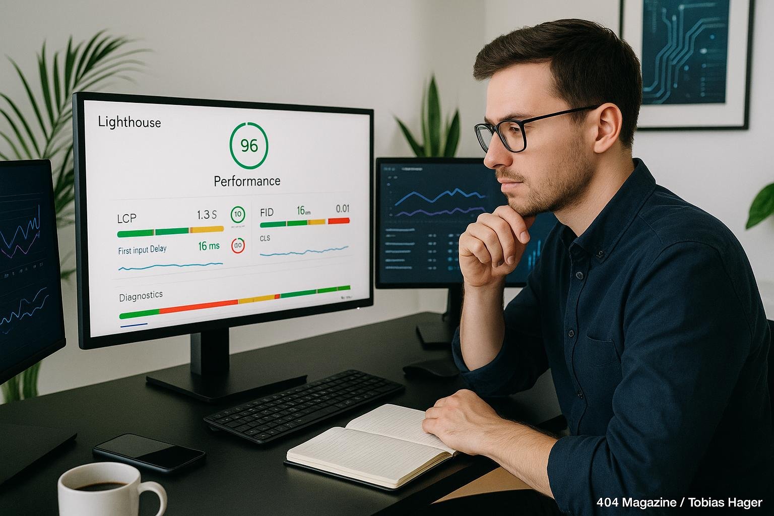 Moderner digitaler Arbeitsplatz mit Monitoren, die Lighthouse-Performance-Daten mit farbigen Grafiken und Metriken anzeigen, um die Überwachung der SEO-Leistung zu verdeutlichen.