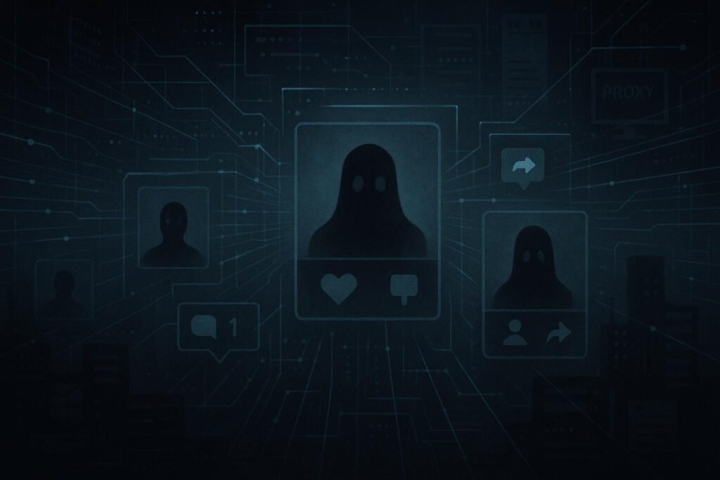 Stilisierte Schattenfiguren von Ghost Accounts vor leuchtenden Datenströmen in einem dunklen, futuristischen Raum mit Servern und Netzwerklinien.