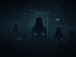 Stilisierte Schattenfiguren von Ghost Accounts vor leuchtenden Datenströmen in einem dunklen, futuristischen Raum mit Servern und Netzwerklinien.