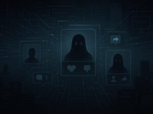 Stilisierte Schattenfiguren von Ghost Accounts vor leuchtenden Datenströmen in einem dunklen, futuristischen Raum mit Servern und Netzwerklinien.