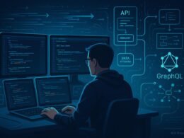 Modernes Webentwicklungs-Setup mit großen Monitoren, Code, API-Anfragen und digitalen Datenfluss-Grafiken, erstellt von Tobias Hager für 404 Magazine