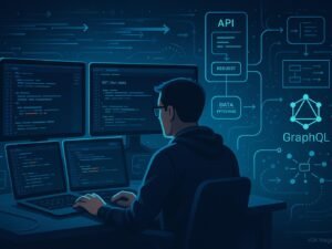 Modernes Webentwicklungs-Setup mit großen Monitoren, Code, API-Anfragen und digitalen Datenfluss-Grafiken, erstellt von Tobias Hager für 404 Magazine