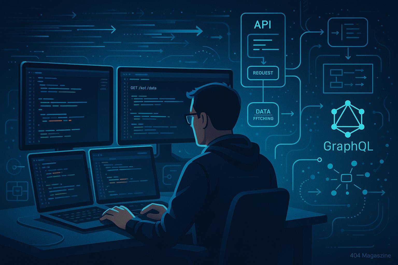 Modernes Webentwicklungs-Setup mit großen Monitoren, Code, API-Anfragen und digitalen Datenfluss-Grafiken, erstellt von Tobias Hager für 404 Magazine