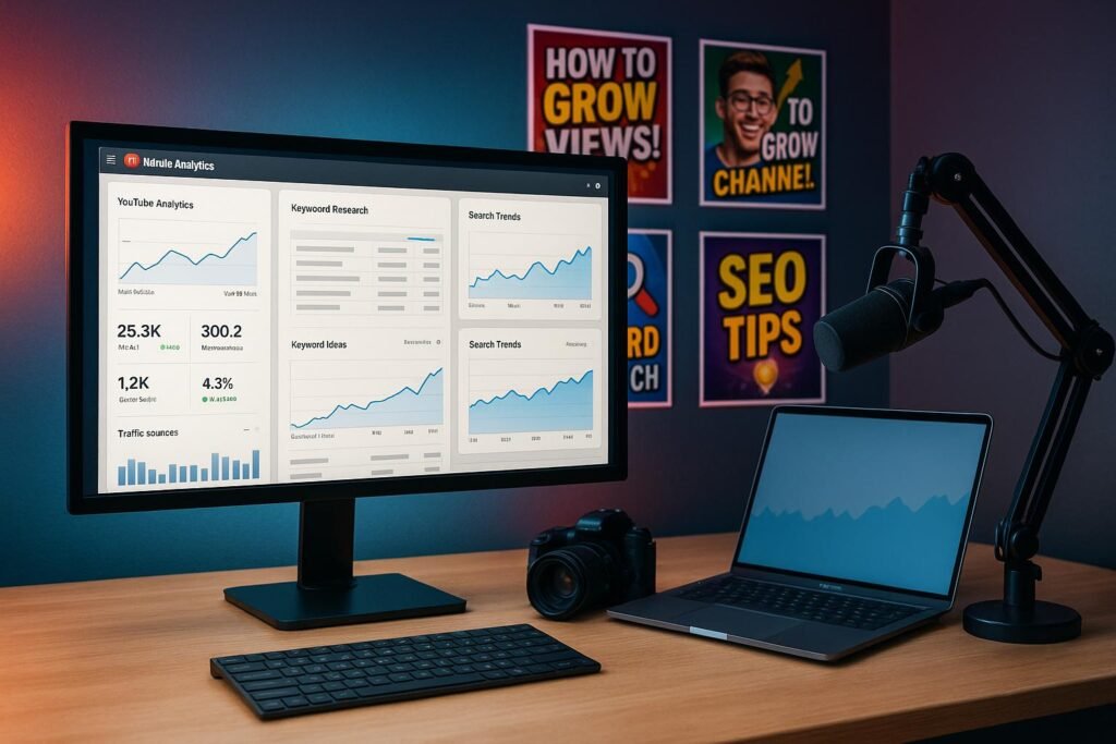 Modernes YouTube-Studio-Setup mit großem Bildschirm, Kamera, Mikrofon und strategisch platzierten Thumbnails, betont technische Optimierung und Datenanalyse