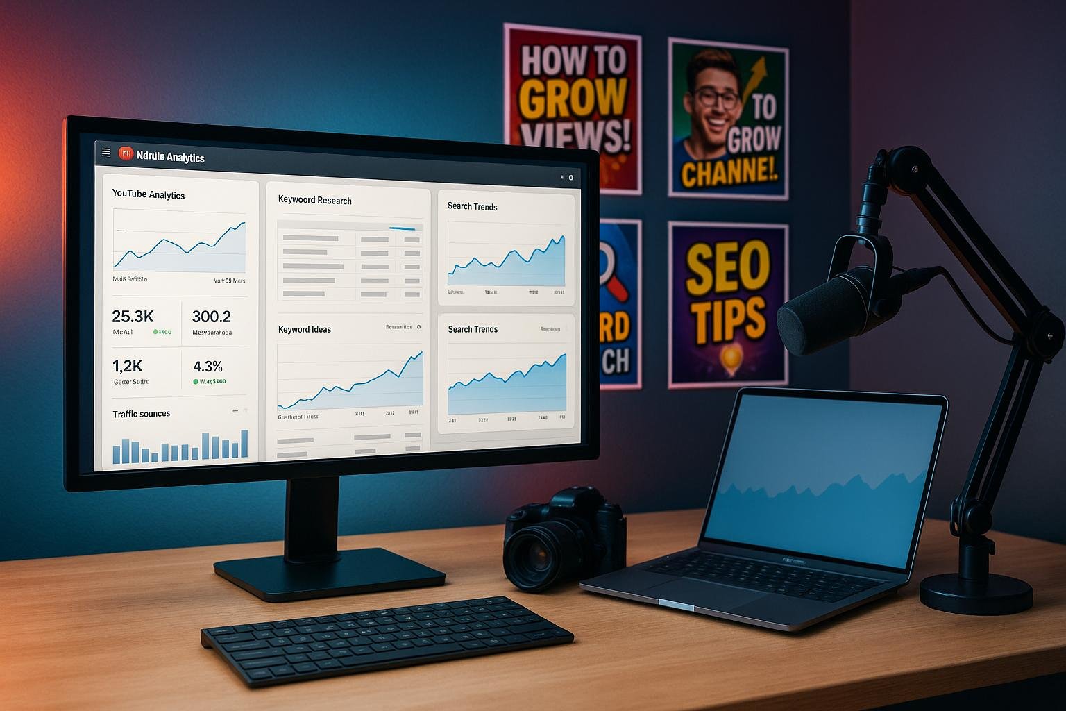 Modernes YouTube-Studio-Setup mit großem Bildschirm, Kamera, Mikrofon und strategisch platzierten Thumbnails, betont technische Optimierung und Datenanalyse