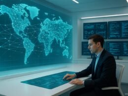 Futuristisches Büro mit holografischer Landkarte, vernetzten Bildschirmen und einem Techniker in Business-Outfit, zeigt technologische Effizienz