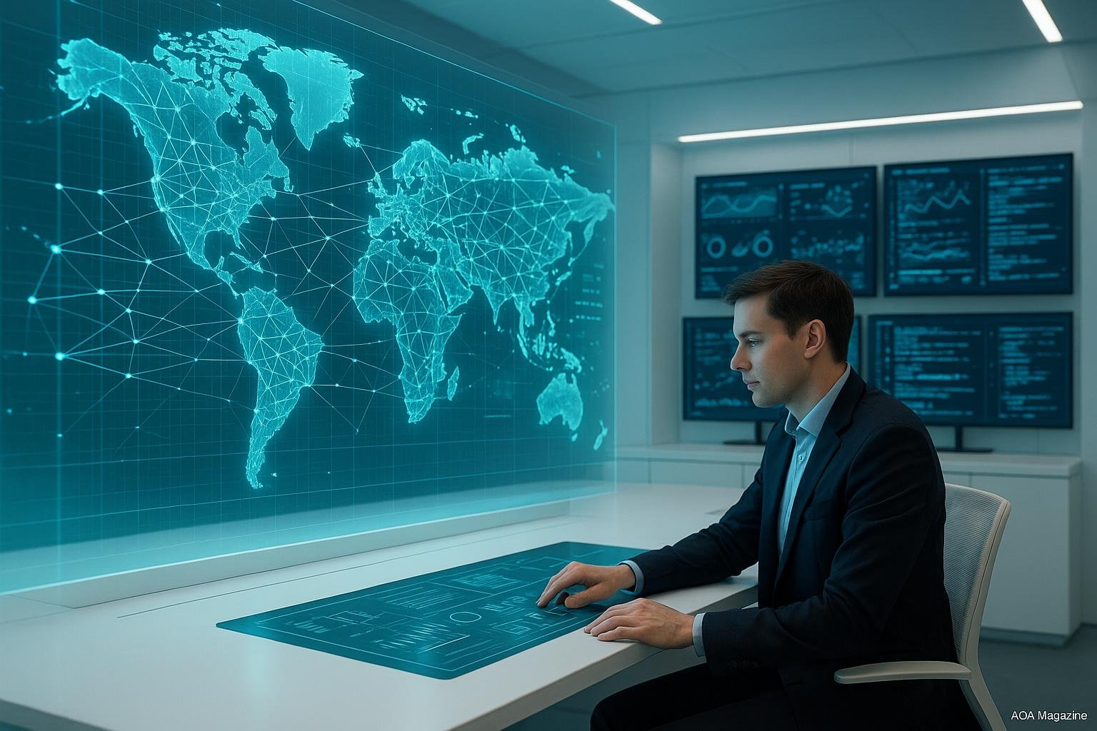 Futuristisches Büro mit holografischer Landkarte, vernetzten Bildschirmen und einem Techniker in Business-Outfit, zeigt technologische Effizienz