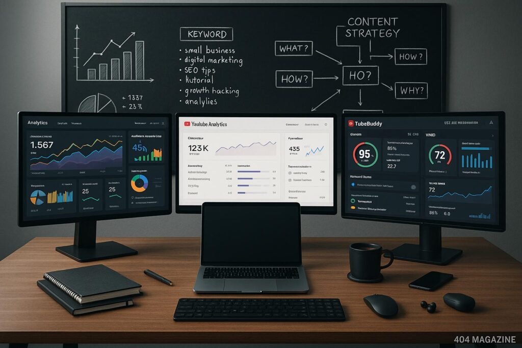 Moderner Arbeitsplatz mit Monitoren, Analyse-Dashboards und Content-Strategien, im Hintergrund eine Tafel mit Diagrammen und Keyword-Listen