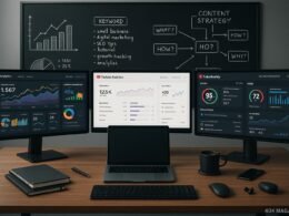 Moderner Arbeitsplatz mit Monitoren, Analyse-Dashboards und Content-Strategien, im Hintergrund eine Tafel mit Diagrammen und Keyword-Listen