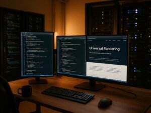 Modernes Entwicklerstudio mit mehreren Monitoren und Server-Racks im Hintergrund, beleuchtet mit warmer LED-Beleuchtung