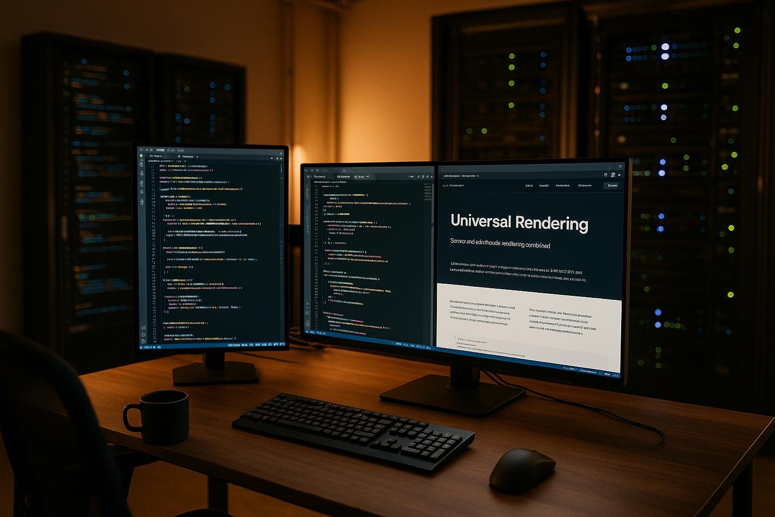 Modernes Entwicklerstudio mit mehreren Monitoren und Server-Racks im Hintergrund, beleuchtet mit warmer LED-Beleuchtung