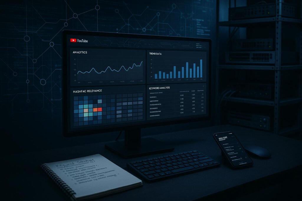 Modernes Büro- oder Studio-Setup mit Monitor, Datenvisualisierungen, Notizbuch und technischen Geräten, das Datenanalyse und YouTube-Optimierung symbolisiert.