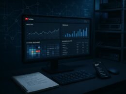 Modernes Büro- oder Studio-Setup mit Monitor, Datenvisualisierungen, Notizbuch und technischen Geräten, das Datenanalyse und YouTube-Optimierung symbolisiert.