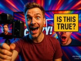 Handliche Kameraaufnahme eines Content Creators, der energisch in die Kamera spricht, mit lebhaftem Thumbnail im Hintergrund, bunten Farbschemen und schnellen Schnitten.