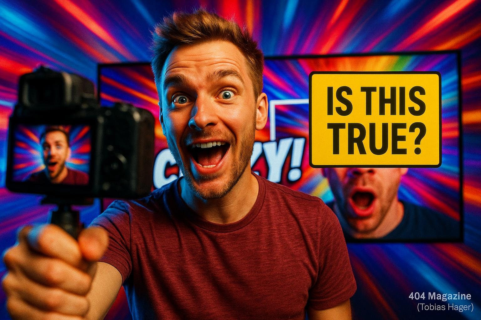 Handliche Kameraaufnahme eines Content Creators, der energisch in die Kamera spricht, mit lebhaftem Thumbnail im Hintergrund, bunten Farbschemen und schnellen Schnitten.