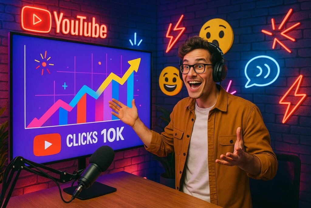 Junger Content-Creator vor großem Bildschirm mit buntem Statistik-Graph, gestikulierend und in einer kreativen, modernen Studio-Umgebung mit bunten Lichteffekten und Emotionssymbolen.