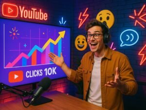 Junger Content-Creator vor großem Bildschirm mit buntem Statistik-Graph, gestikulierend und in einer kreativen, modernen Studio-Umgebung mit bunten Lichteffekten und Emotionssymbolen.