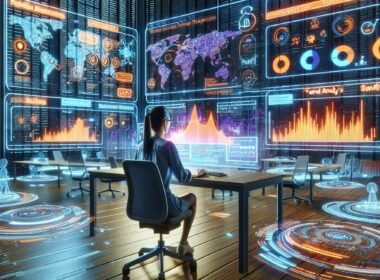 Innovativer Marketer vor holographischen Bildschirmen mit Reddit-Datenvisualisierungen in einem futuristischen, high-tech Raum
