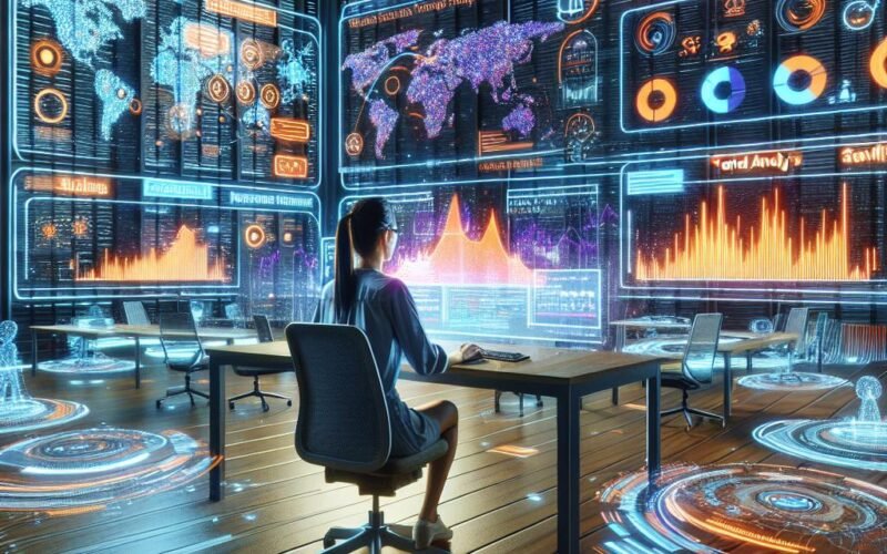 Innovativer Marketer vor holographischen Bildschirmen mit Reddit-Datenvisualisierungen in einem futuristischen, high-tech Raum