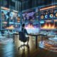 Innovativer Marketer vor holographischen Bildschirmen mit Reddit-Datenvisualisierungen in einem futuristischen, high-tech Raum
