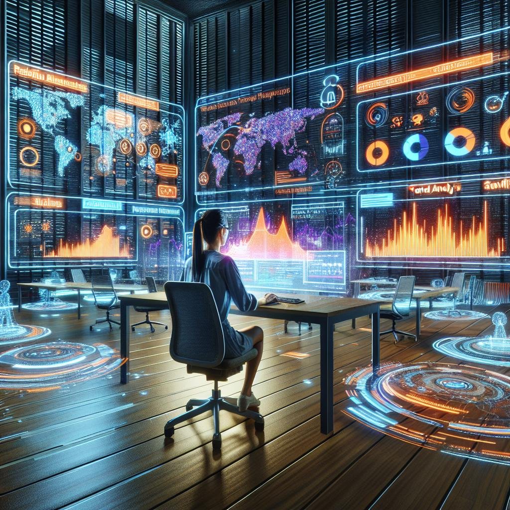Innovativer Marketer vor holographischen Bildschirmen mit Reddit-Datenvisualisierungen in einem futuristischen, high-tech Raum
