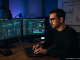 YouTube-Content-Creator vor mehreren Monitoren mit Analyse- und Editing-Software, im Hintergrund chromatische Beleuchtung und Whiteboard mit Strategiediagrammen, Tobias Hager, 404 Magazine