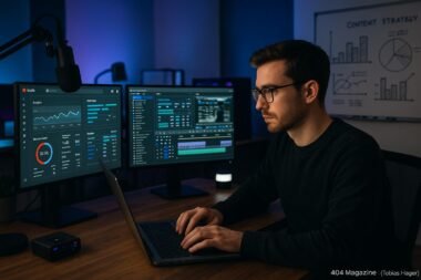 YouTube-Content-Creator vor mehreren Monitoren mit Analyse- und Editing-Software, im Hintergrund chromatische Beleuchtung und Whiteboard mit Strategiediagrammen, Tobias Hager, 404 Magazine