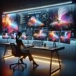 Person an moderner Arbeitsstation mit mehreren Bildschirmen, die surreale Landschaften, Stadtansichten und Porträts zeigen, umgeben von Neuralnetz-Diagrammen im futuristischen Licht.
