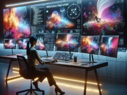Person an moderner Arbeitsstation mit mehreren Bildschirmen, die surreale Landschaften, Stadtansichten und Porträts zeigen, umgeben von Neuralnetz-Diagrammen im futuristischen Licht.