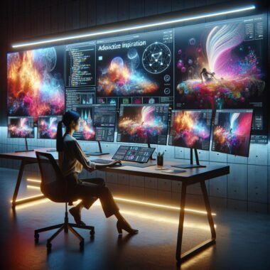 Person an moderner Arbeitsstation mit mehreren Bildschirmen, die surreale Landschaften, Stadtansichten und Porträts zeigen, umgeben von Neuralnetz-Diagrammen im futuristischen Licht.