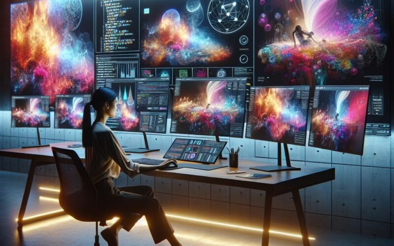 Person an moderner Arbeitsstation mit mehreren Bildschirmen, die surreale Landschaften, Stadtansichten und Porträts zeigen, umgeben von Neuralnetz-Diagrammen im futuristischen Licht.
