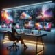 Person an moderner Arbeitsstation mit mehreren Bildschirmen, die surreale Landschaften, Stadtansichten und Porträts zeigen, umgeben von Neuralnetz-Diagrammen im futuristischen Licht.