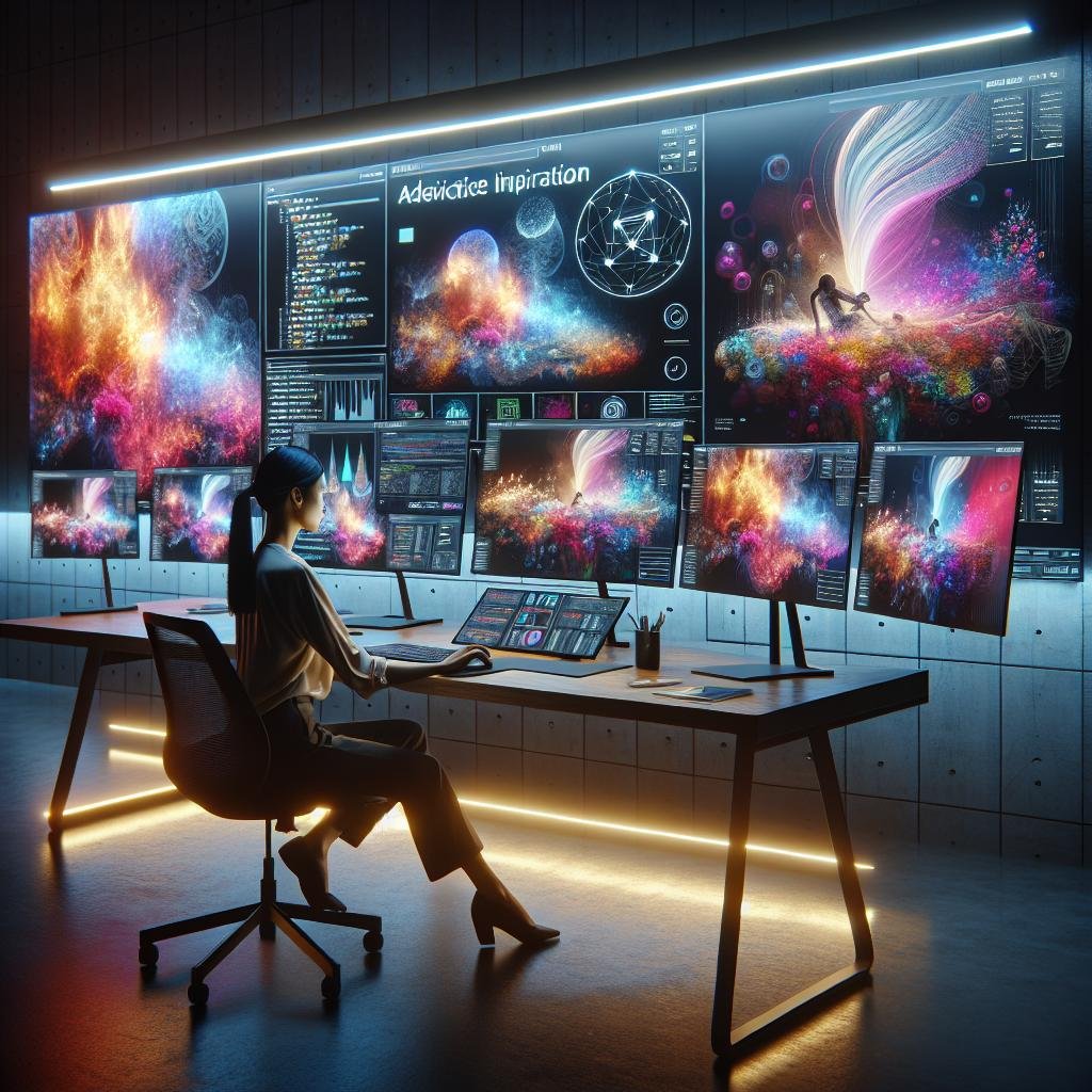 Person an moderner Arbeitsstation mit mehreren Bildschirmen, die surreale Landschaften, Stadtansichten und Porträts zeigen, umgeben von Neuralnetz-Diagrammen im futuristischen Licht.