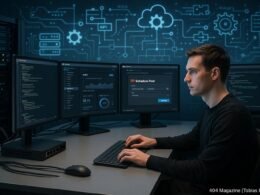 Moderner Arbeitsplatz mit mehreren Monitoren, die Code, API-Dashboards und Automatisierungsprozesse zeigen, um YouTube-Posts automatisch zu planen, umgeben von technischer Ausrüstung und digitalen Datenflussgrafiken.