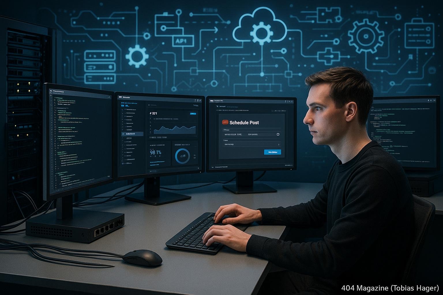 Moderner Arbeitsplatz mit mehreren Monitoren, die Code, API-Dashboards und Automatisierungsprozesse zeigen, um YouTube-Posts automatisch zu planen, umgeben von technischer Ausrüstung und digitalen Datenflussgrafiken.