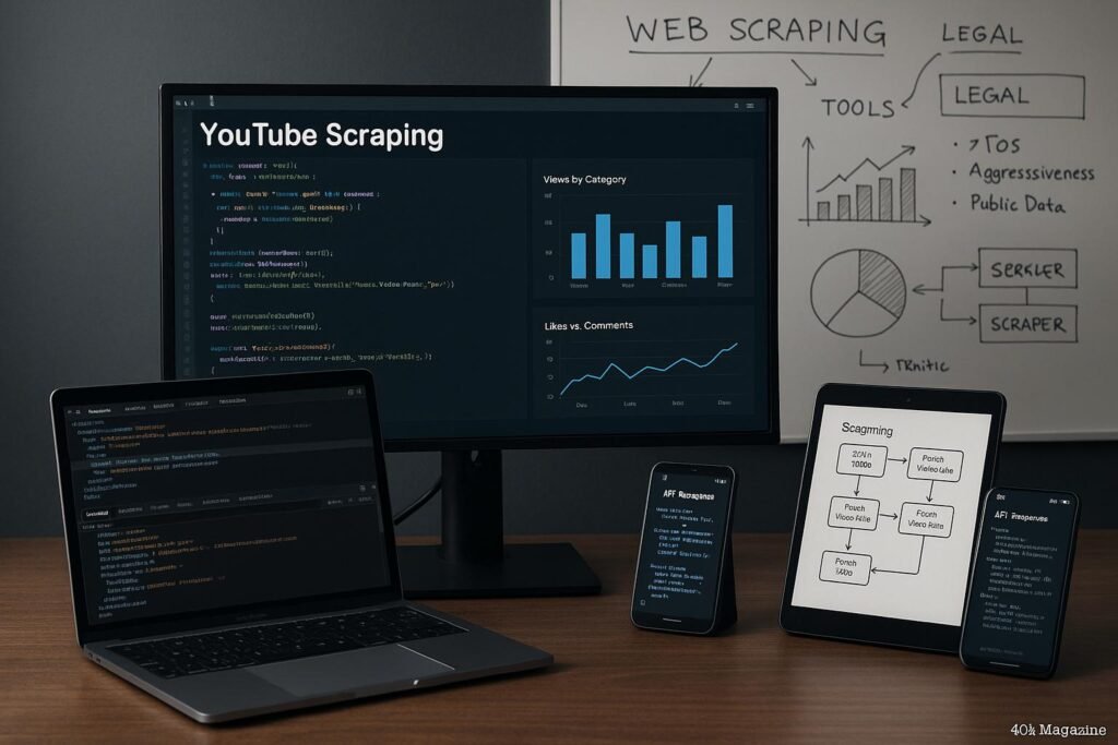 Moderner Arbeitsplatz mit Monitor, Laptop, Tablet und Smartphone, zeigt Code, Datenvisualisierungen und Whiteboard-Notizen zu YouTube-Scraping