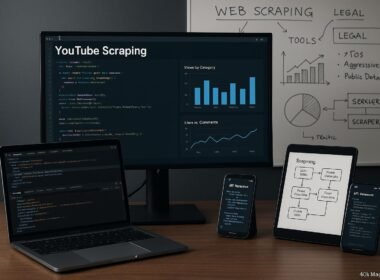 Moderner Arbeitsplatz mit Monitor, Laptop, Tablet und Smartphone, zeigt Code, Datenvisualisierungen und Whiteboard-Notizen zu YouTube-Scraping
