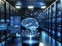 Futuristischer Trading-Serverraum mit digitalem Dashboard, holographischem neuronalen Netzwerk und leuchtenden Serverracks, symbolisiert technologische Innovation im Krypto-Handel.