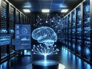 Futuristischer Trading-Serverraum mit digitalem Dashboard, holographischem neuronalen Netzwerk und leuchtenden Serverracks, symbolisiert technologische Innovation im Krypto-Handel.