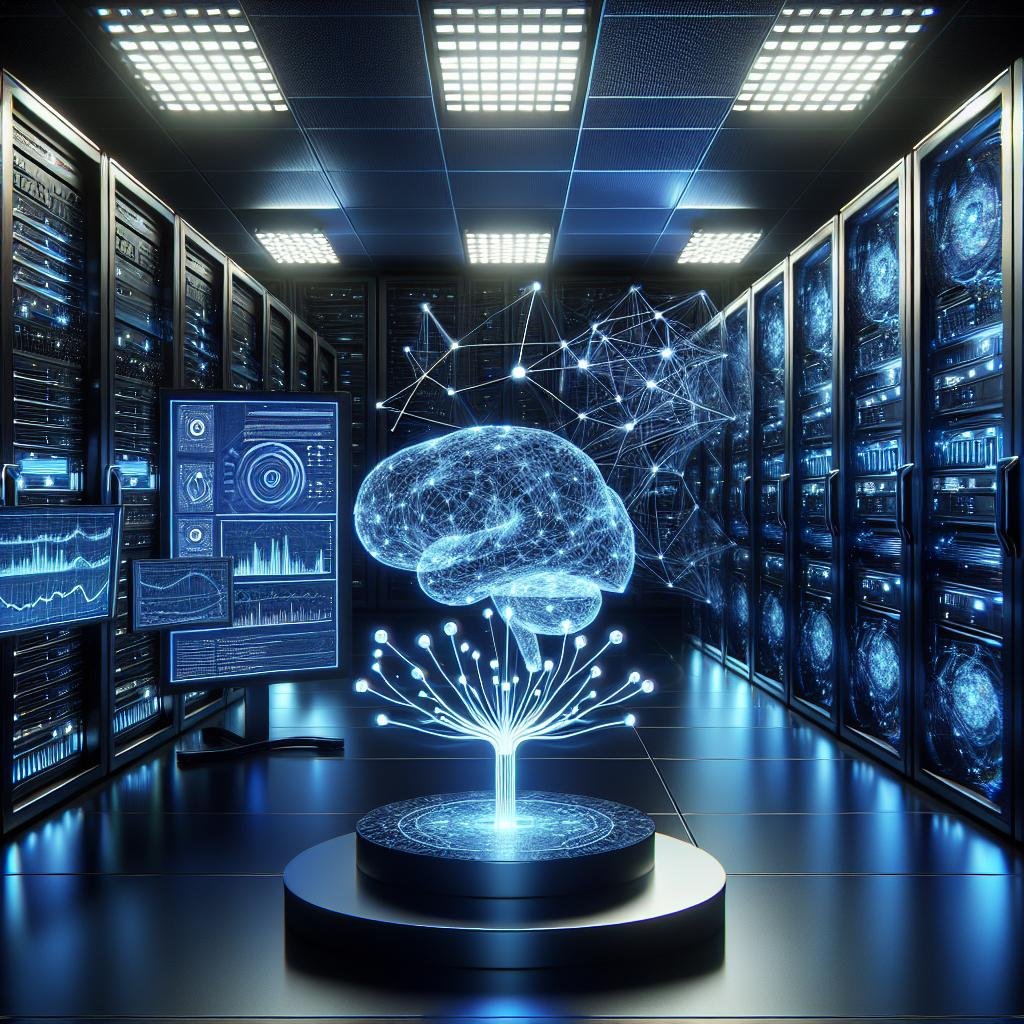 Futuristischer Trading-Serverraum mit digitalem Dashboard, holographischem neuronalen Netzwerk und leuchtenden Serverracks, symbolisiert technologische Innovation im Krypto-Handel.
