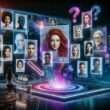 Futuristisches digitales Portrait-Studio mit holografischen Displays, lebendigen KI-generierten Portraits und kreativen Interfaces im neonbeleuchteten Raum