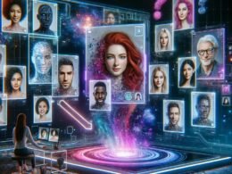 Futuristisches digitales Portrait-Studio mit holografischen Displays, lebendigen KI-generierten Portraits und kreativen Interfaces im neonbeleuchteten Raum