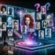 Futuristisches digitales Portrait-Studio mit holografischen Displays, lebendigen KI-generierten Portraits und kreativen Interfaces im neonbeleuchteten Raum