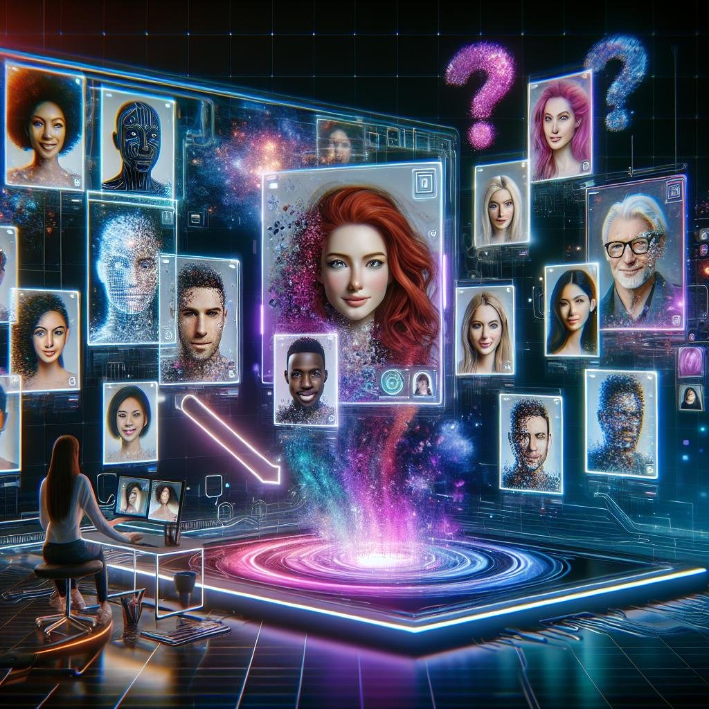 Futuristisches digitales Portrait-Studio mit holografischen Displays, lebendigen KI-generierten Portraits und kreativen Interfaces im neonbeleuchteten Raum